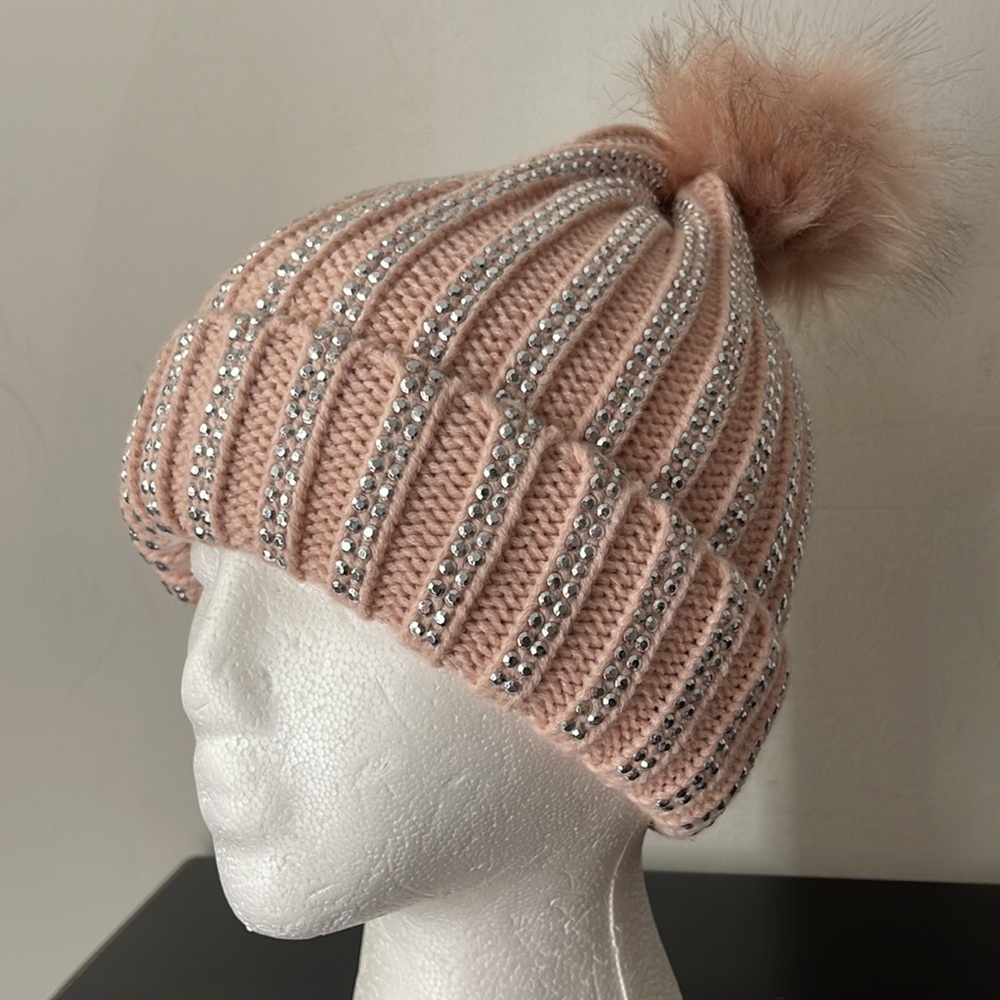 Two Isaac Mizrahi live gray and pink beaded winter hats with pom-pom - Picture 11 of 11